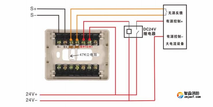 J-EI6043D输入输出模块通过控制DC24V继电器来间接控制大电流亚星(官方网)平台·游戏登录入口联动设备接线图 
